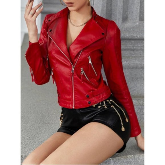 Zip up vegan Leather Moto Jacket Red - Picture 2 of 6